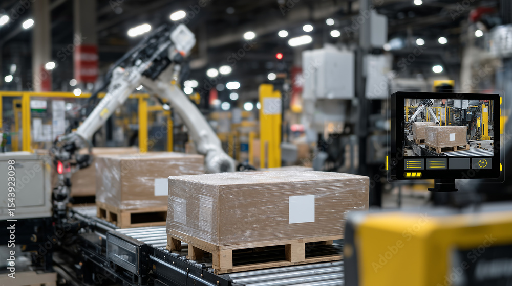 Fototapeta premium Smart factory interior showcasing robotic palletizing stations, where AI-controlled arms stack products precisely onto transport pallets under high-tech surveillance cameras