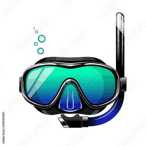 Snorkeling mask with snorkel and bubbles on white background  