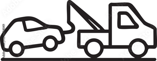 Simple Line Art Illustration of a Tow Truck Towing a Car on a Flat Surface Road