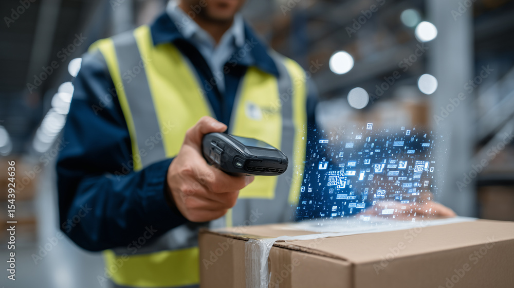 Fototapeta premium Close-up of a warehouse worker scanning a barcode on a shipping box with a handheld device, digital overlay showing real-time tracking data and route information, modern logistics