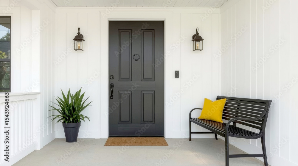 Fototapeta premium Black front door of white house, tree and bench, charming and modern home entrance featuring a bold black front door with simple paneling and a circular knocker