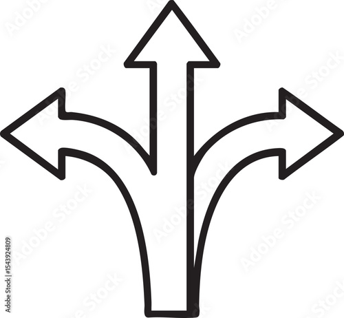 Three Way Arrow Icon Up Left and Right Directions Representing Choices and Decision Making in Black and White