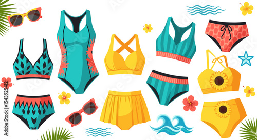 Colorful swimwear collection with bikinis and one-pieces on white background  