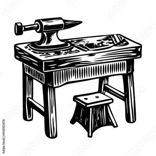 A vintage style illustration showing blacksmith bench