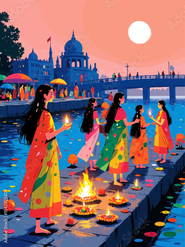 Chhath Puja ghat in India with women in vibrant saris performing traditional rituals by the river at sunrise, offering fruits and lamps, celebrating faith and culture