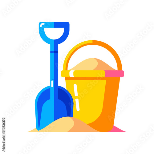 Colorful bucket and shovel with sand on white background  