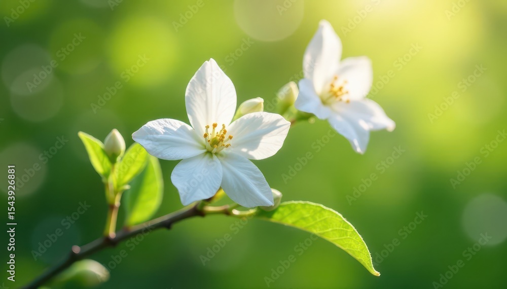 Obraz premium Delicate white jasmine blossoms unfurl in the spring sunlight , floral, clean, pure white