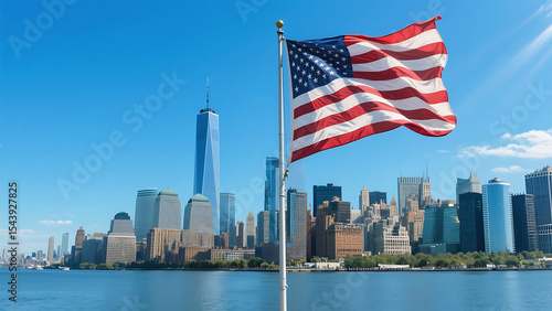 American Flag Waving Over the New York City Skyline