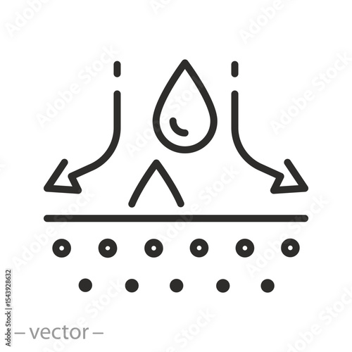 hydration icon, skin moisturizing, absorbing water drop, deep penetration of liquid, thin line symbols on white background, editable stroke vector illustration