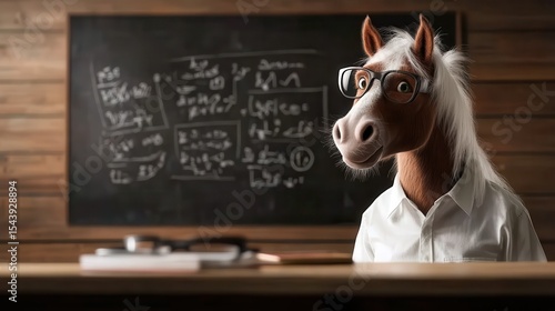 A whimsical scene featuring a horse wearing glasses and a shirt, humorously portraying a teacher at a desk, evoking laughter and creativity in educational settings.