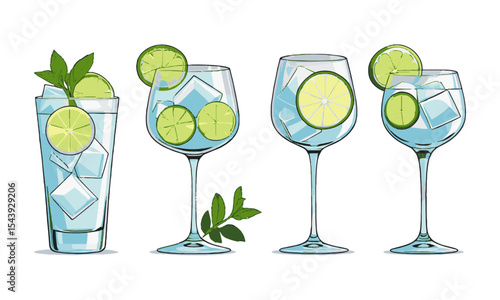 Modern vector illustration featuring unique cocktail glasses arranged in a single horizontal row, glass gin and tonic with ice, lime slices and garnish, easily editable and scalable.