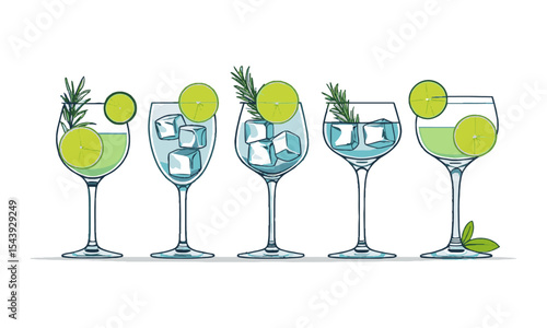 Modern vector illustration featuring unique cocktail glasses arranged in a single horizontal row, glass gin and tonic with ice, lime slices and garnish, easily editable and scalable.