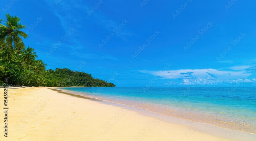 Idyllic tropical beach with turquoise water and palm trees under sky Idyllic tropical beach with turquoise water and palm trees under sky