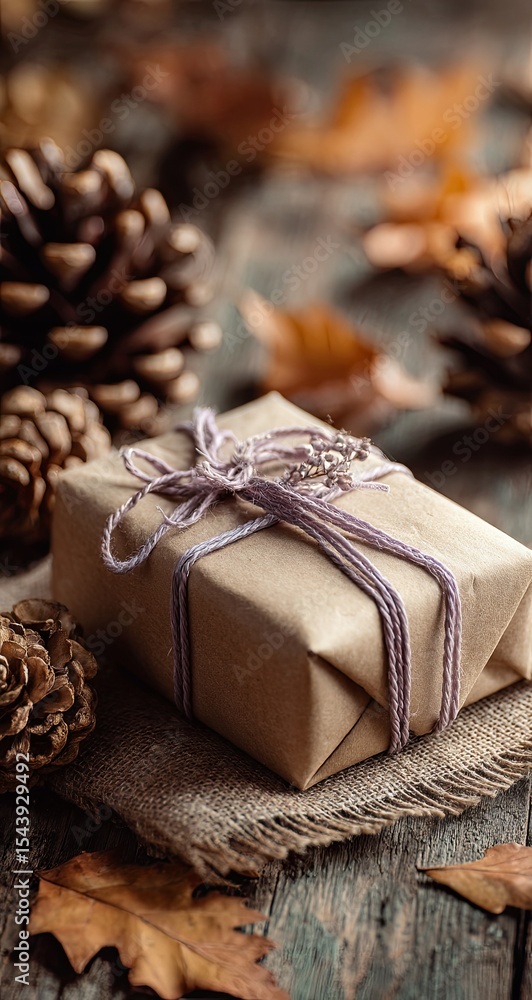 Rustic autumnal gift; small, brown-wrapped present tied with lavender twine, surrounded by pinecones and fall leaves on a weathered wooden surface Rustic autumnal gift; small, brown-wrapped present tied with lavender twine, surrounded by pinecones and fall leaves on a weathered wooden surface