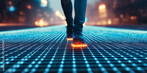 Solitary walker on a high-tech road, glowing grid beneath feet, futuristic leadership concept with dynamic motion blur.