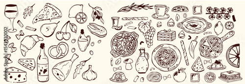 Hand-drawn Italian pizza illustrations set featuring a variety of whole and sliced pizzas, toppings, and decorative ingredients.