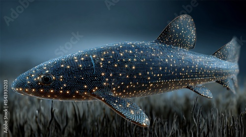 Realistic depiction of glowing chain catshark swimming near sea floor natural bioluminescent pattern visible under low marine light