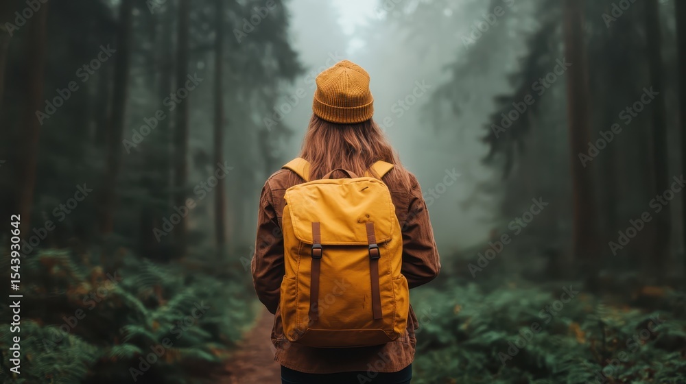 Fototapeta premium A lone hiker stands in a serene misty forest, showcasing a vibrant yellow backpack as they connect with nature, embodying adventure and solitude amidst towering trees.
