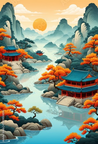 Chinese style landscape background illustration pattern