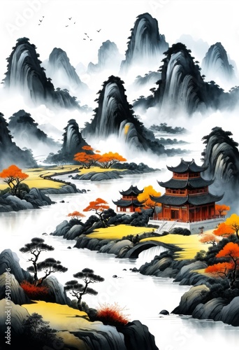 Illustration of the artistic conception of Chinese Feng Shui ink and wash landscape