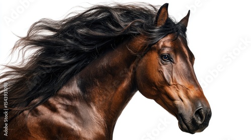 Majestic bay horse with flowing mane, side profile, isolated on white, dramatic lighting -- Strength and elegance in motion