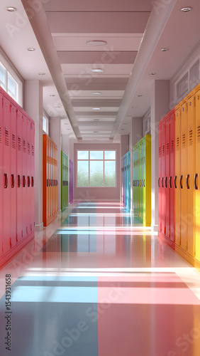 Colorful school lockers line a bright, shiny hallway, beckoning students inside.