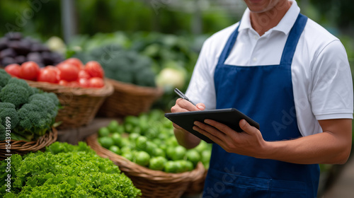 Fototapeta Naklejka Na Ścianę i Meble -  Farmer using a stylus to annotate crop yield data on a digital device, surrounded by baskets of freshly picked fruits and vegetables