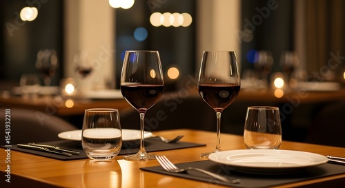 Romantic Restaurant Table Setting with Red Wine Glasses and Soft Lighting Generative AI
