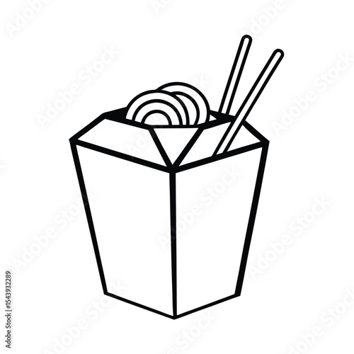 Chow mein noodles in takeout box in line style Vector illustration