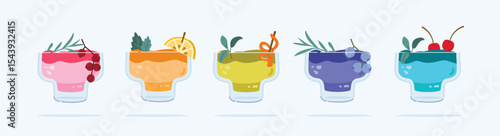set of fruit drinks of various alcoholic flavors in mini glasses. Summer appetizer decorated with garnishes and fruit