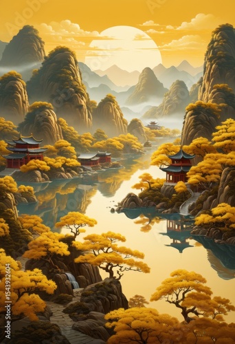 Free deduction for Chinese style golden landscape