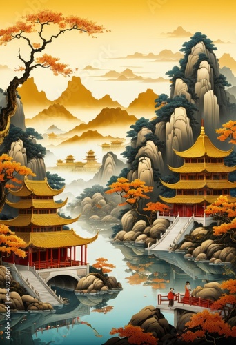 Illustration of the Chinese style gold-plated scenery scene