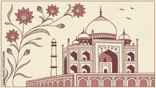 Taj mahal illustration with floral design element