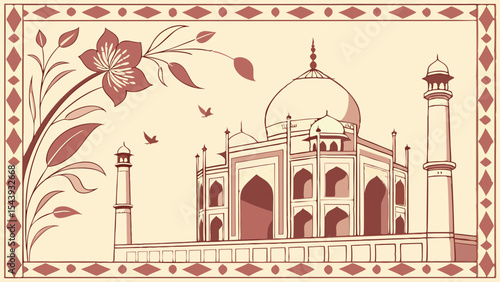 Taj mahal illustration with floral design and birds