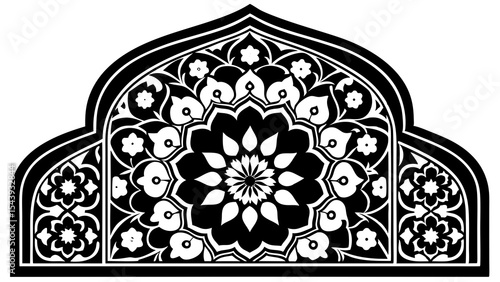 Black and white islamic arch design with floral mandala