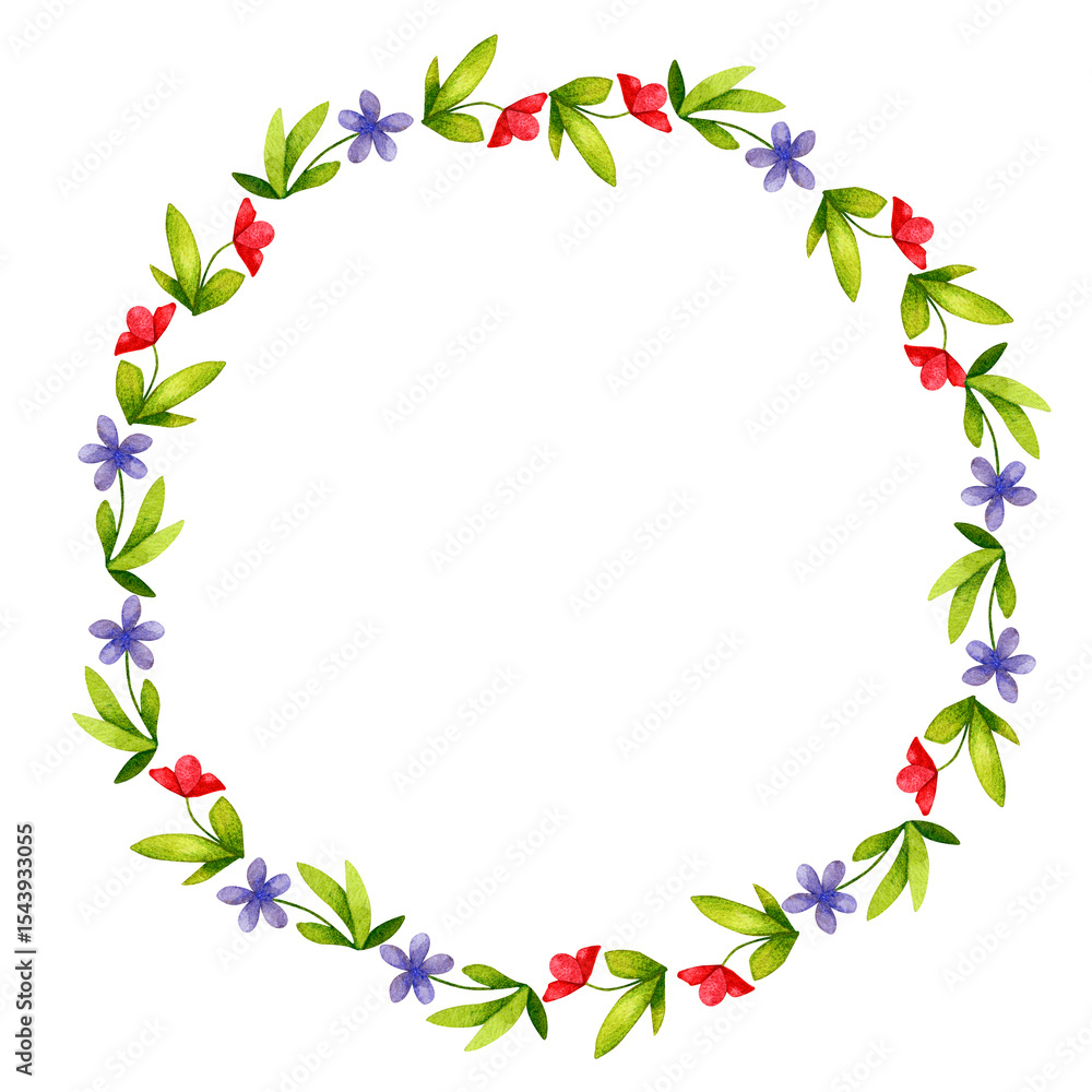 Naklejka premium Wreath of red and blue flowers. Nordic folklore, Scandinavian style. Elements of folk art design. Watercolor background, backdrop for poster, logo, postcard, invitation, label, etc.