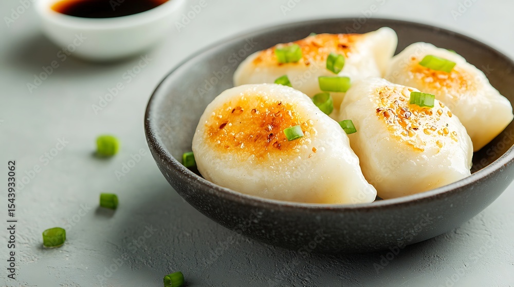 Delicious Pan-Fried Dumplings Appetizer with Fresh Green Onions for Dinner Delicious Pan-Fried Dumplings Appetizer with Fresh Green Onions for Dinner