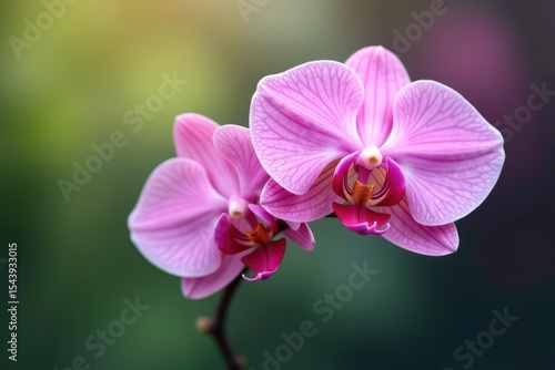 Delicate pink orchid branch, soft petals, gentle curve , pastel, image, green