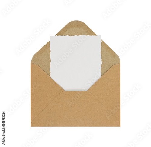 Envelope. Kraft paper with blank card isolated on transparent background. Copy space. Stock photo.
