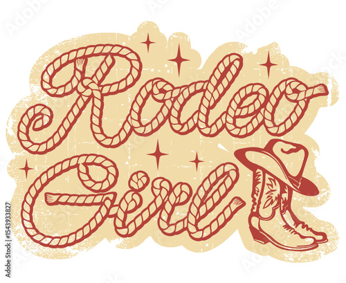 Rodeo Girl Rope text vector printable illustration isolated on white for design. Vintage typography Cowboy rope text with Western botts and lasso Lettering.