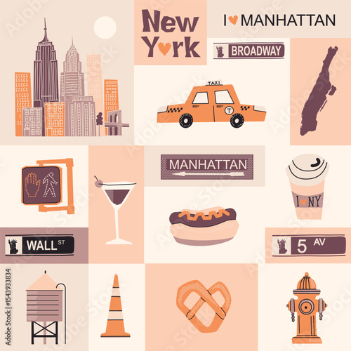 Manhattan city flat vector collection illustration. New York Manhattan culture retro symbols for icons, design, website, presentation, cards, icons