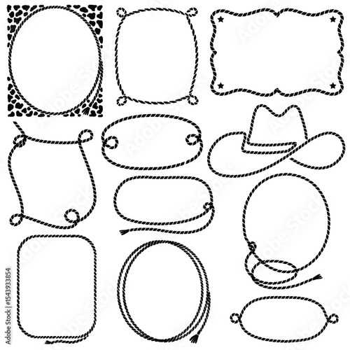 Rope frames vector graphic illustration isolated on white background for design. Vector cowboy lasso black silhouette set .