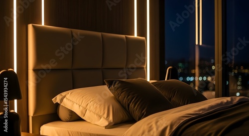 Close-up of Modern Bedroom Bed with Backlit Headboard and City Lights at Night Generative AI