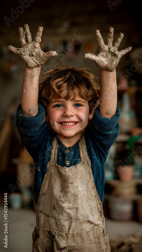 Happy child covered in clay, raising hands with a bright smile after pottery work.
