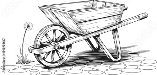Illustration of a wooden wheelbarrow with a dandelion on a stone path