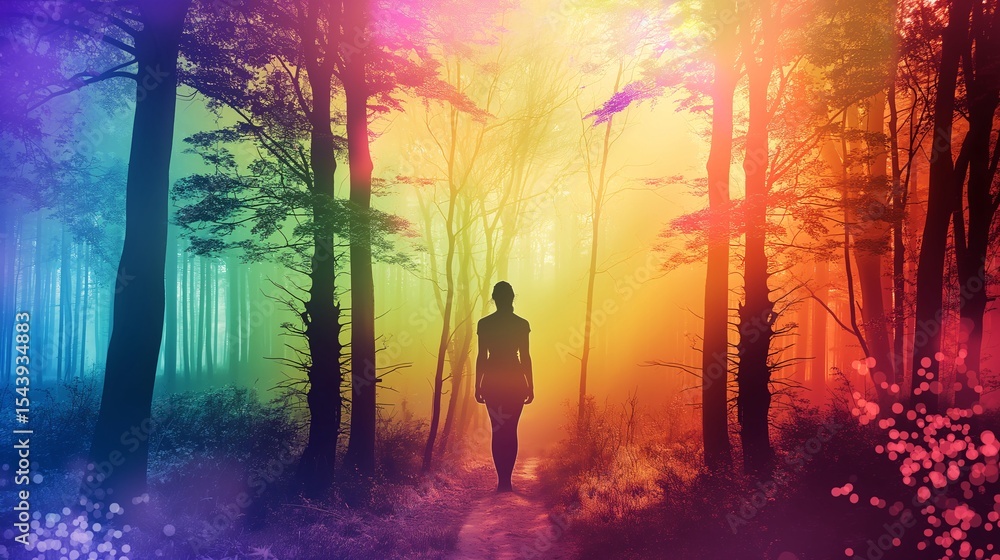 Fototapeta premium Woman walking in a rainbow forest path into light. Fantasy concept.