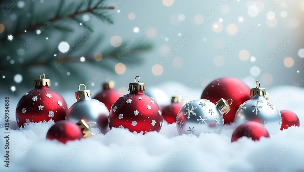 Festive Christmas Ornaments in Snow, Perfect for Holiday Stock Photos Festive Christmas Ornaments in Snow, Perfect for Holiday Stock Photos