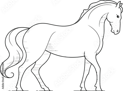 Illustration of a horse with a flowing mane and tail in black and white