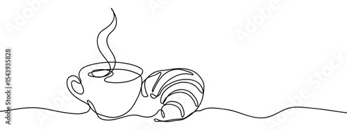 Continuous line coffee cup and croissant food illustration Simple art lines on transparent background, editable strokes.