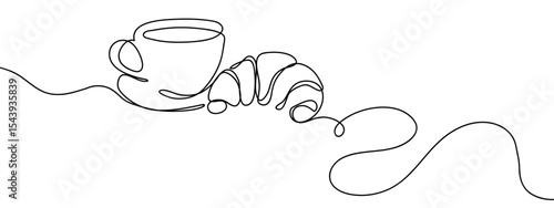 Continuous line coffee cup and croissant food illustration Simple art lines on transparent background, editable strokes.